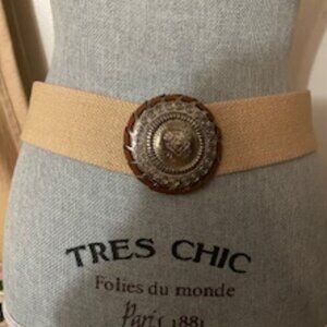 Beige brown elasticized wide statement belt with sturdy buckle